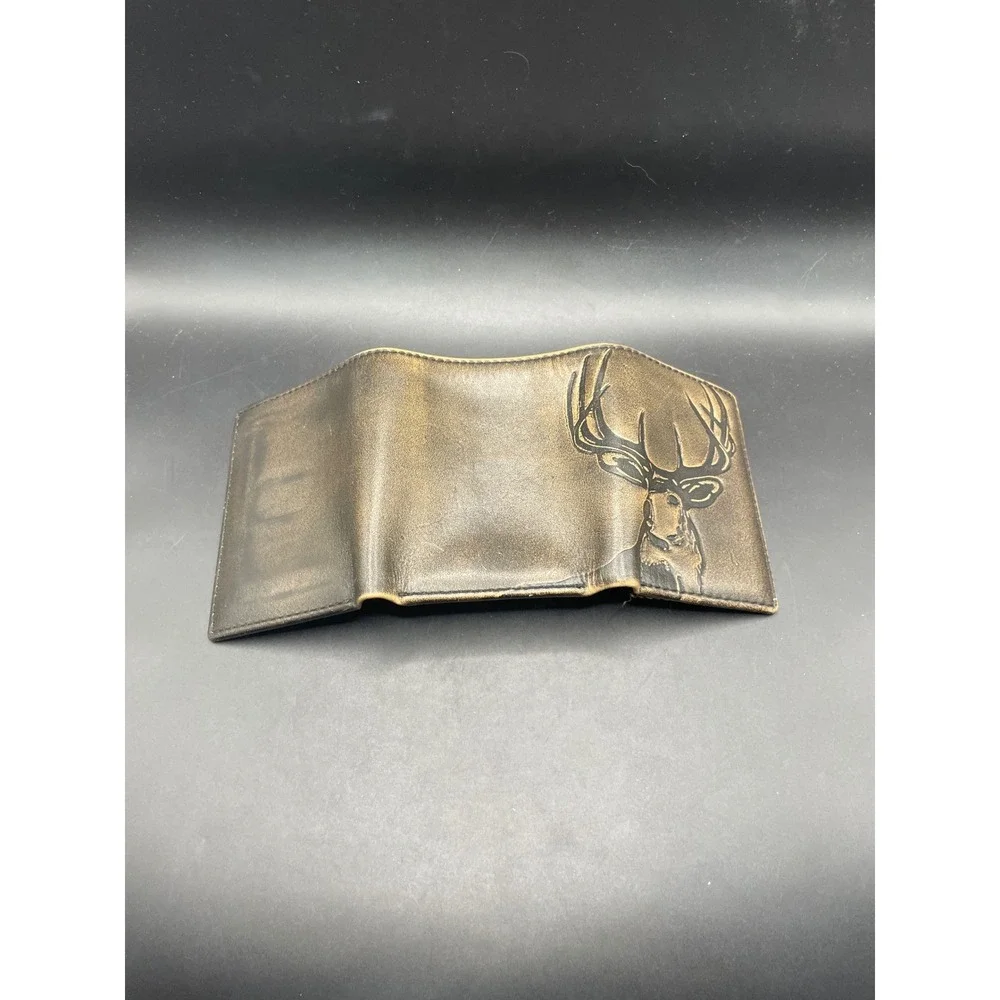 House of Jack Co Mens Trifold Wallet Brown Leather Embossed Deer Head Camo Hunt
